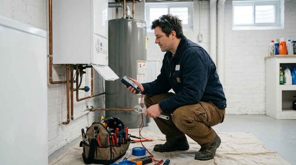 Heating technician diagnosing a residential gas boiler in East Flushing, Queens