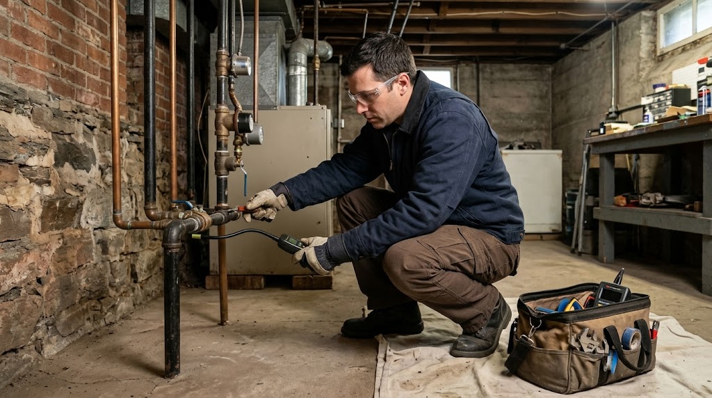 Certified plumber performing gas pressure testing on residential black iron piping in Queens