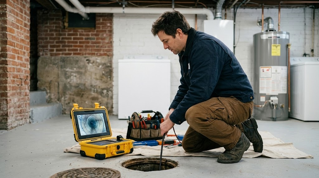 High definition sewer camera inspection equipment deployed in Queens basement