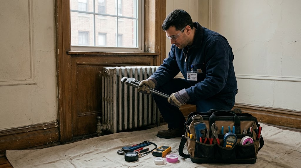 Heavy duty cast iron steam radiator valve inspection in Queens home