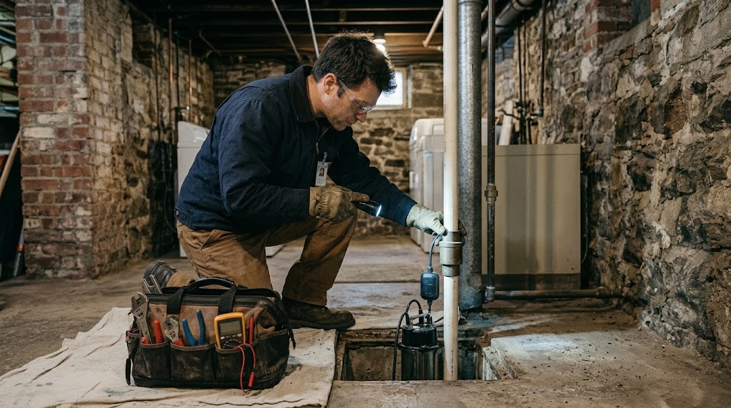 Heavy duty cast iron submersible sump pump installation in Queens cellar