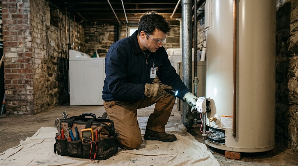 Plumbing technician testing gas water heater burner and pilot assembly in Queens basement
